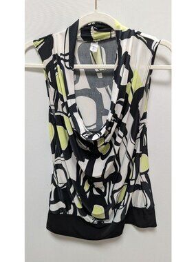 R Marks White/Black/Green Printed Sleeveless Blouse